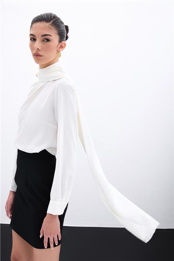 Şal Detaylı Bluz - Ekru