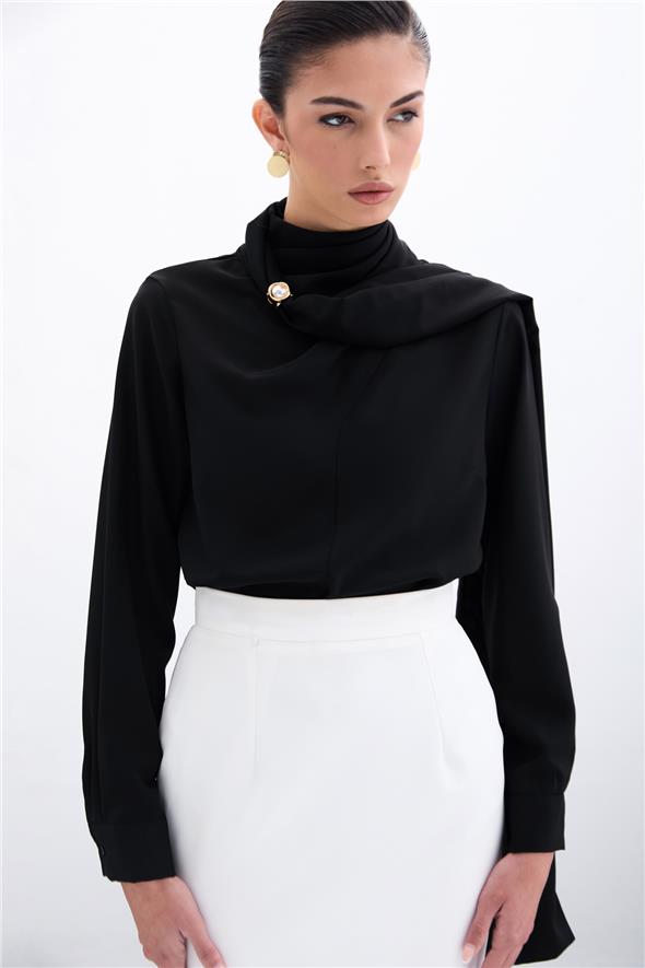 Şal Detaylı Bluz - Siyah