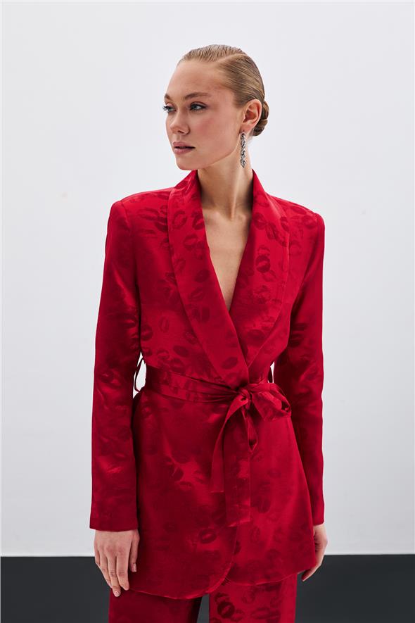 Şal Yaka Kuşaklı Ceket - Kırmızı