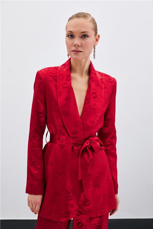 Şal Yaka Kuşaklı Ceket - Kırmızı