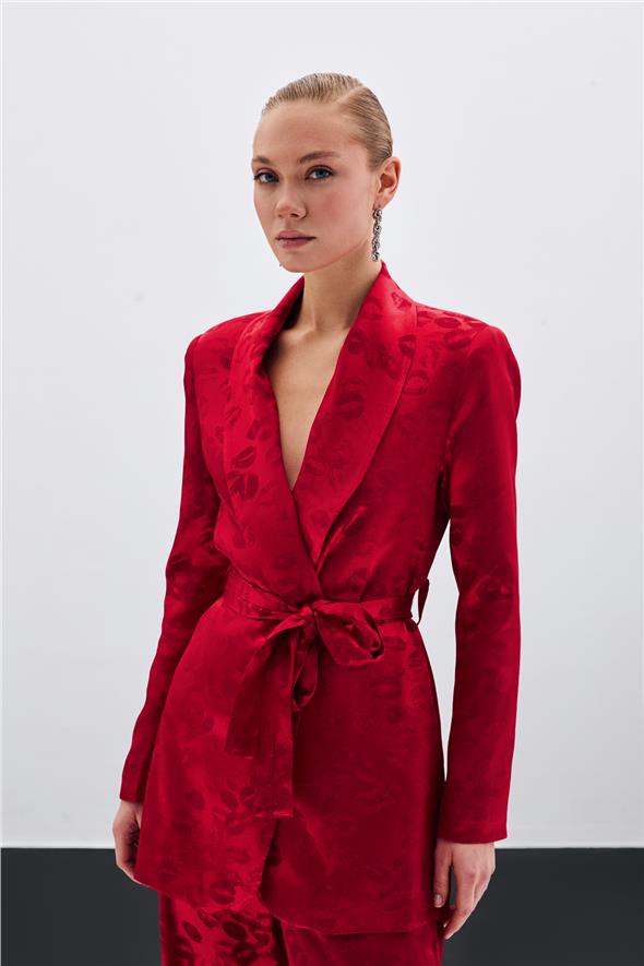 Şal Yaka Kuşaklı Ceket - Kırmızı