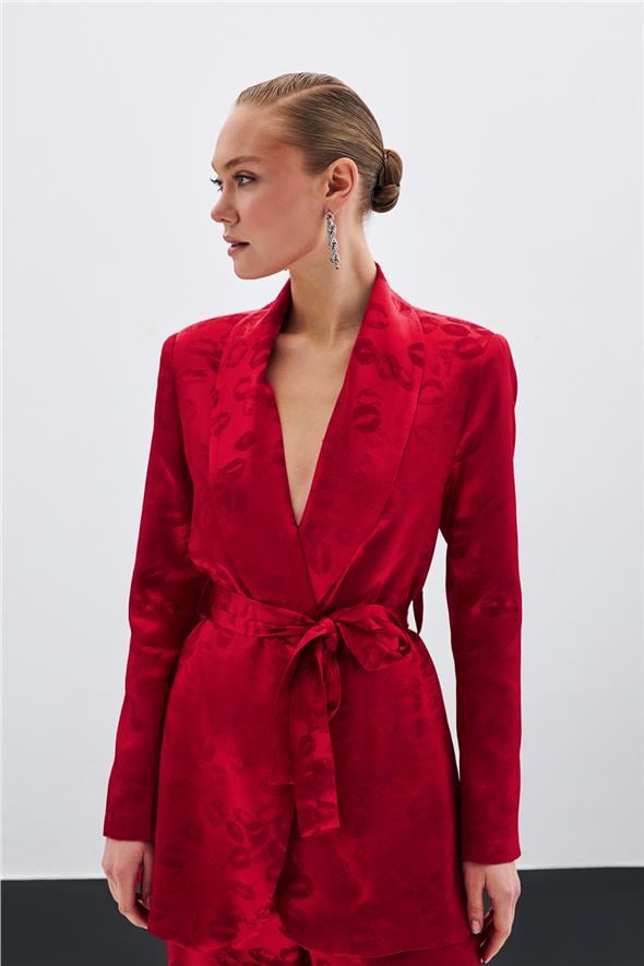 Şal Yaka Kuşaklı Ceket - Kırmızı