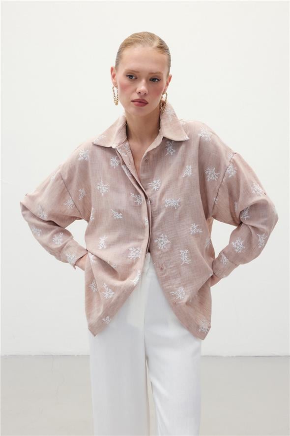 Salaş Nakışlı Gömlek - Pudra