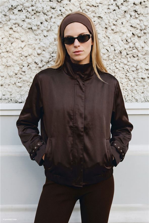 Saten Bomber Ceket - Kahve