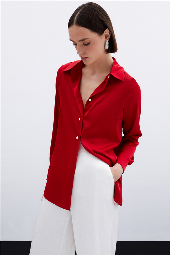 Saten Gömlek - Kırmızı