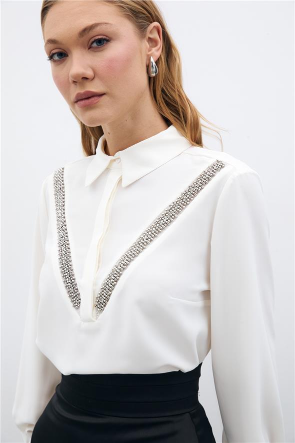 Şerit Aksesuarlı Bluz - Ekru