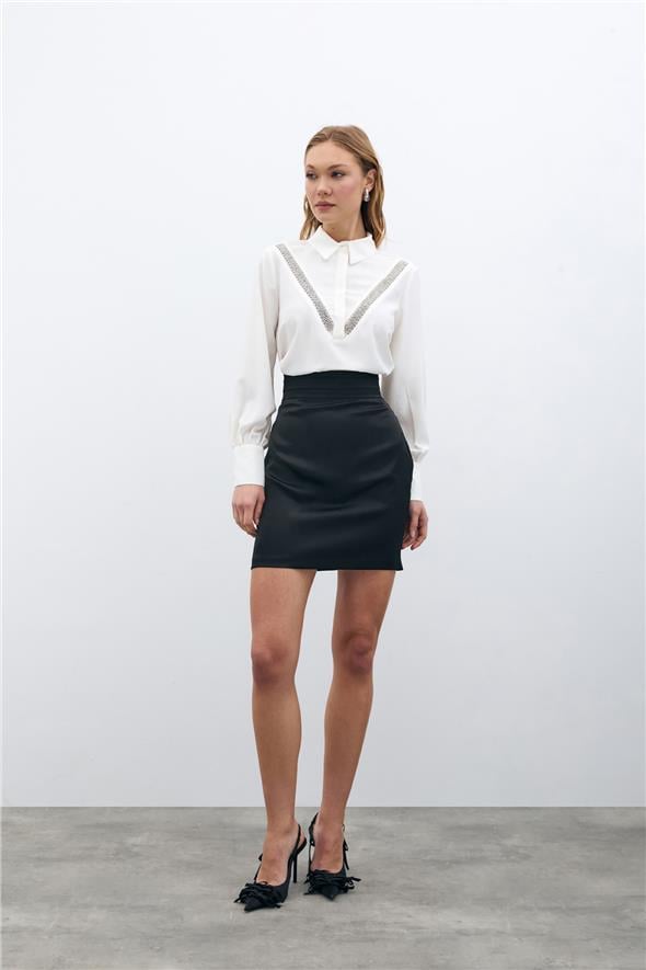 Şerit Aksesuarlı Bluz - Ekru