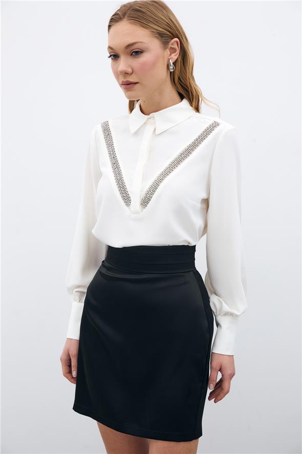 Şerit Aksesuarlı Bluz - Ekru