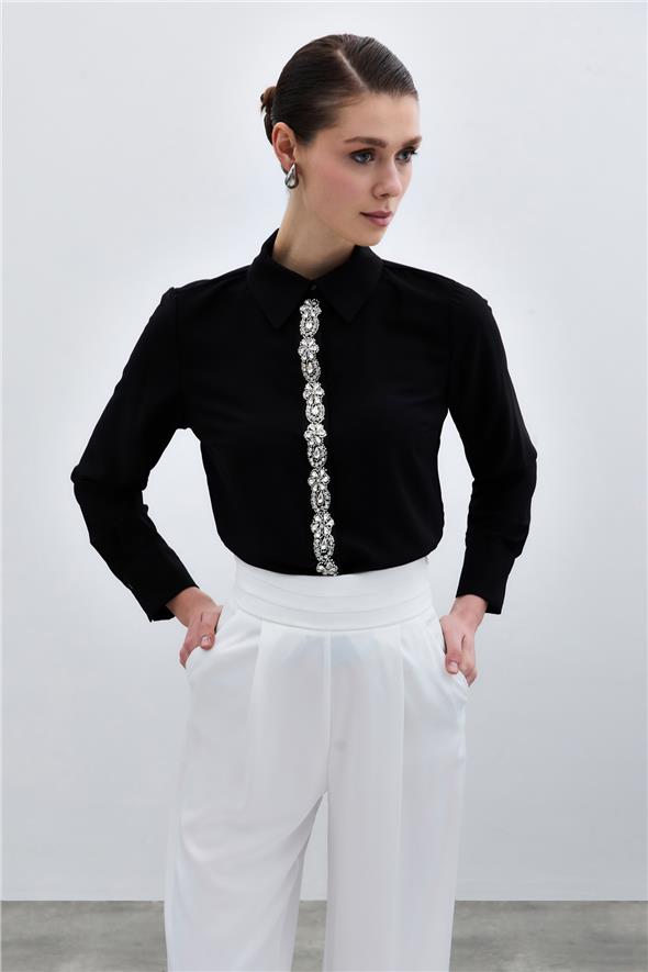 Şerit Aksesuarlı Gömlek - Siyah