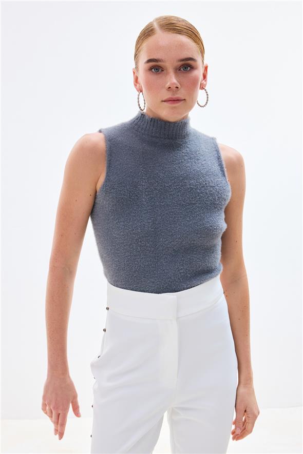 Sıfır Kol Sakallı Triko Bluz - Antrasit