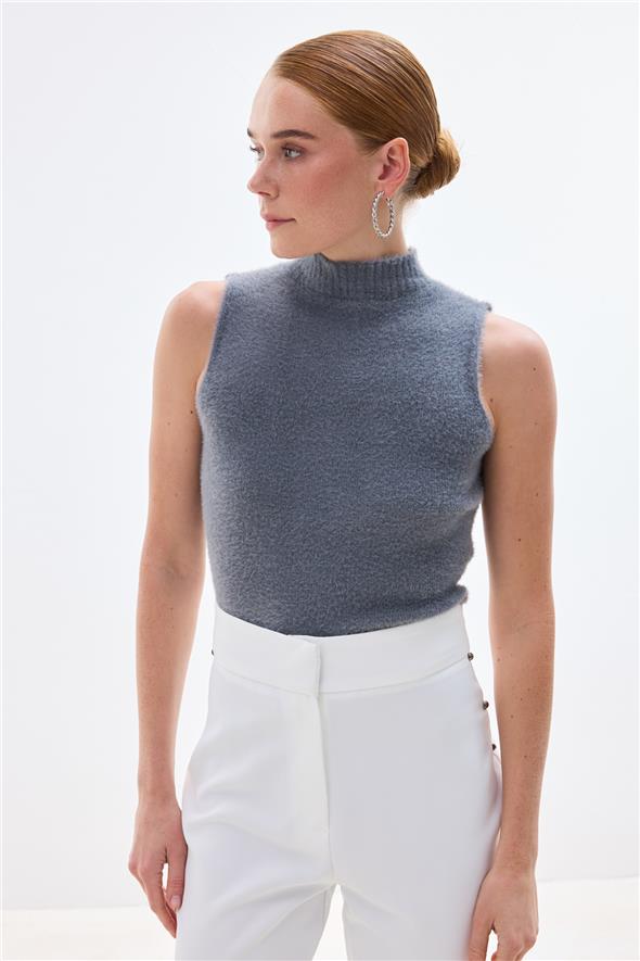 Sıfır Kol Sakallı Triko Bluz - Antrasit