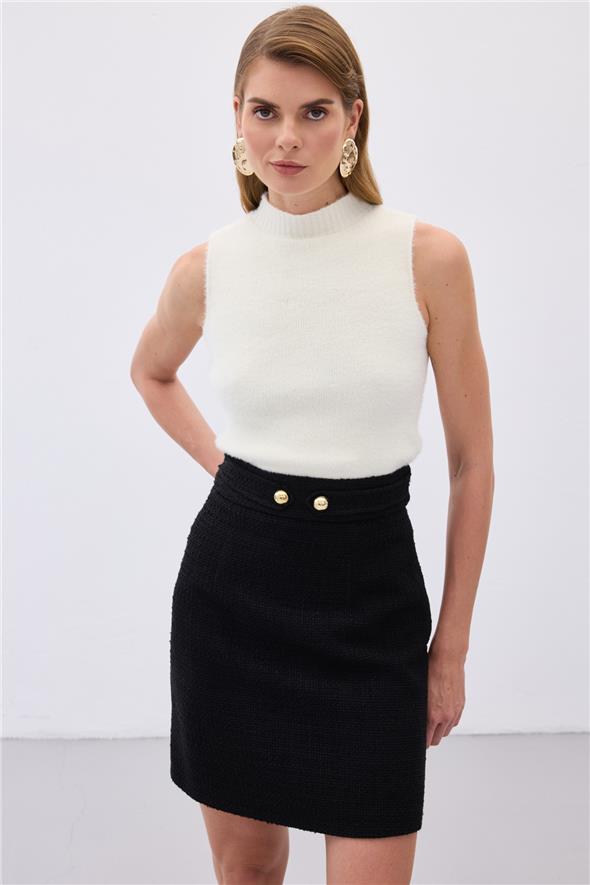 Sıfır Kol Sakallı Triko Bluz - Ekru