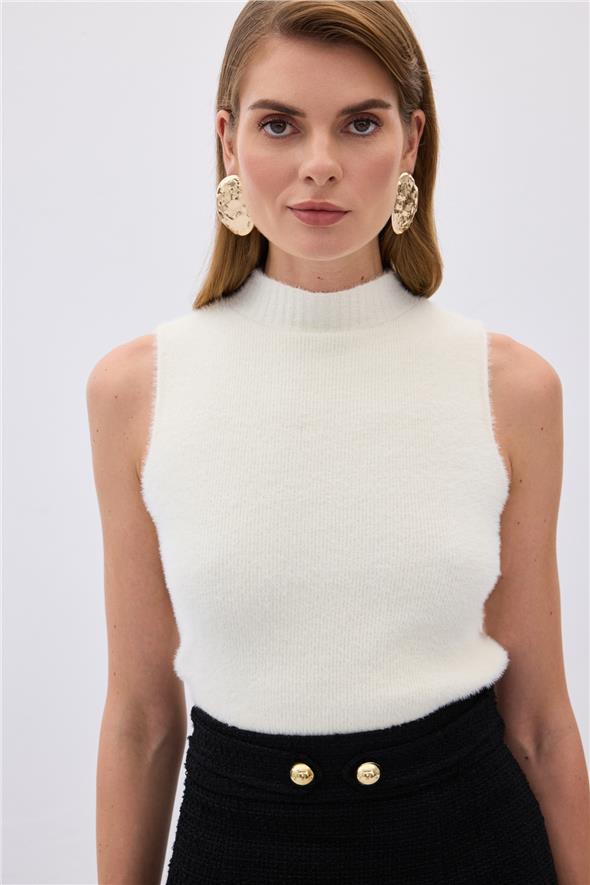 Sıfır Kol Sakallı Triko Bluz - Ekru