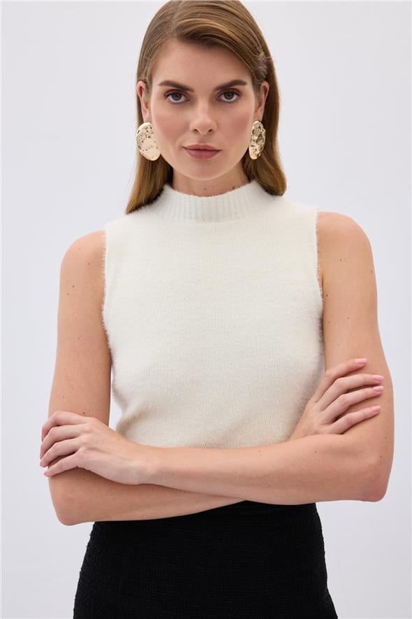 Sıfır Kol Sakallı Triko Bluz - Ekru