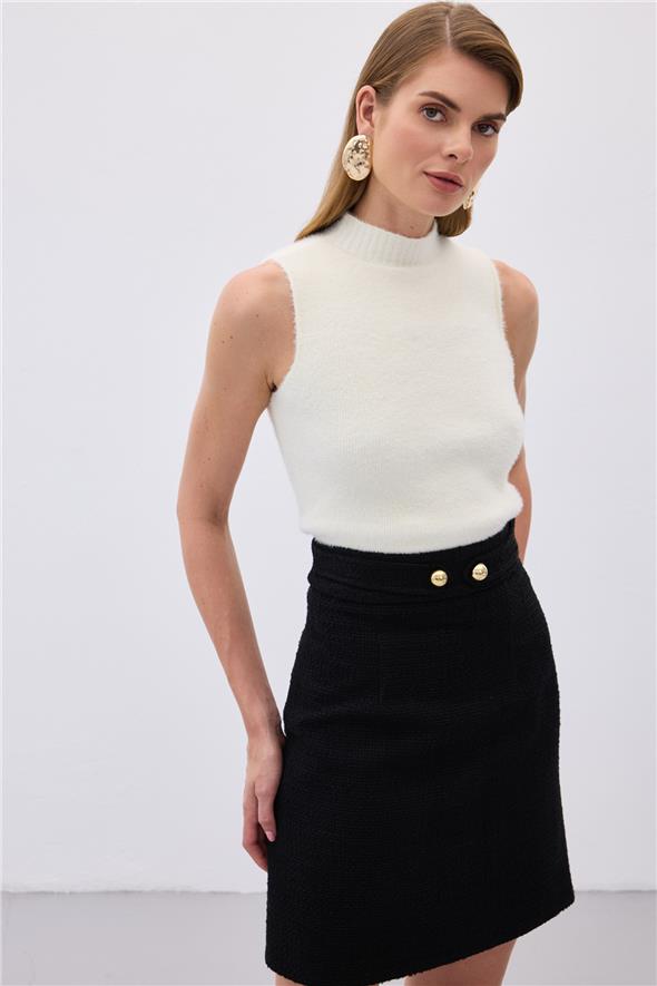 Sıfır Kol Sakallı Triko Bluz - Ekru