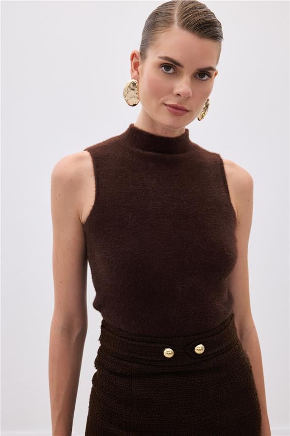 Sıfır Kol Sakallı Triko Bluz - Kahve