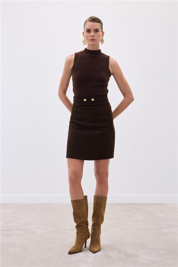 Sıfır Kol Sakallı Triko Bluz - Kahve