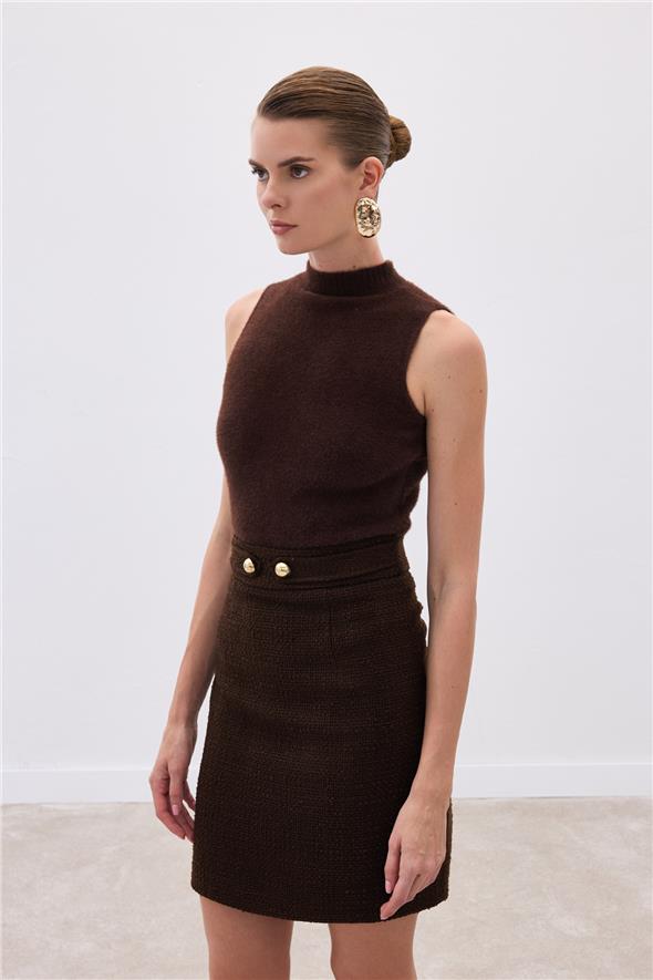 Sıfır Kol Sakallı Triko Bluz - Kahve