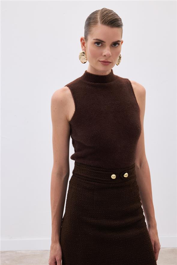 Sıfır Kol Sakallı Triko Bluz - Kahve