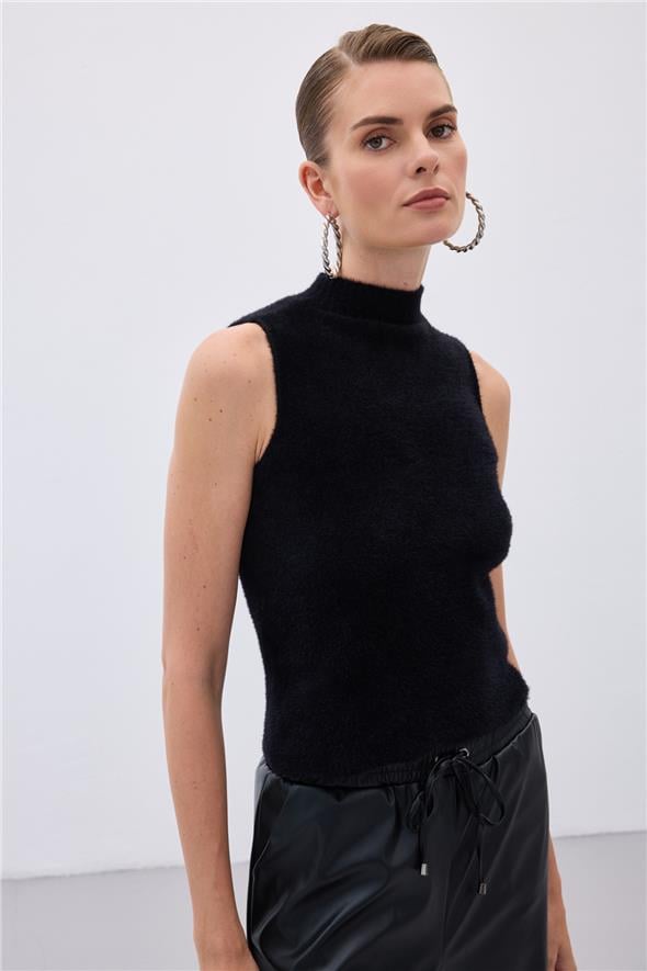 Sıfır Kol Sakallı Triko Bluz - Siyah