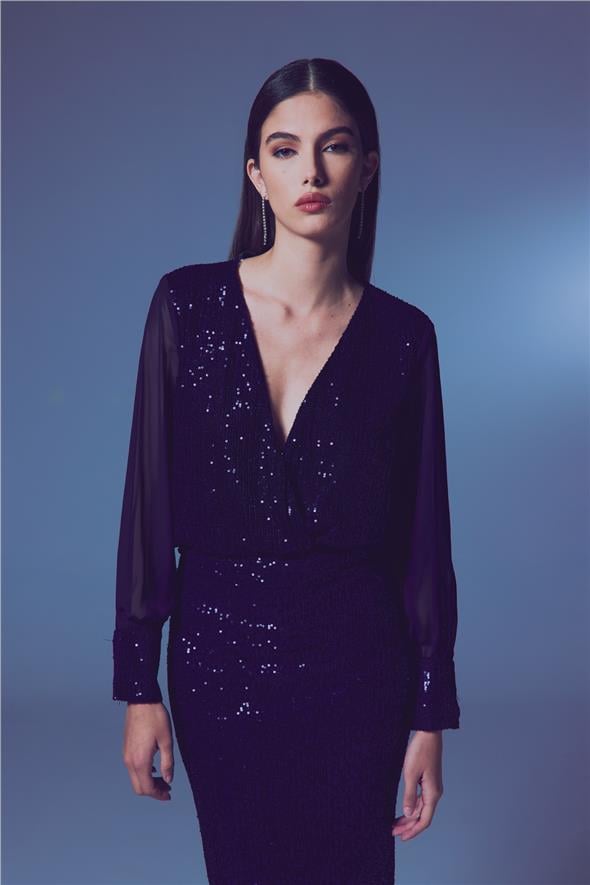 Şifon Kol Bodysuit Bluz - Lacivert