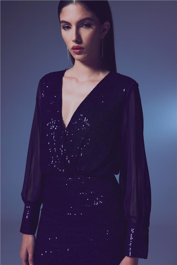 Şifon Kol Bodysuit Bluz - Lacivert