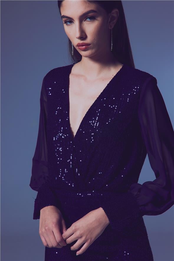 Şifon Kol Bodysuit Bluz - Lacivert