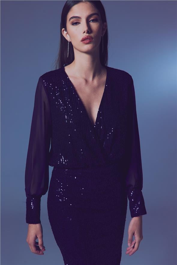 Şifon Kol Bodysuit Bluz - Lacivert