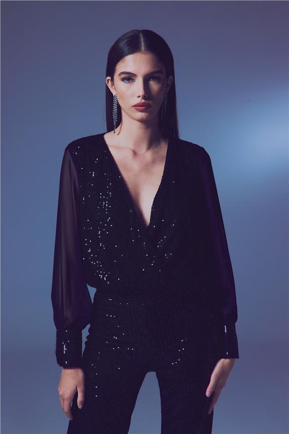 Şifon Kol Bodysuit Bluz - Siyah