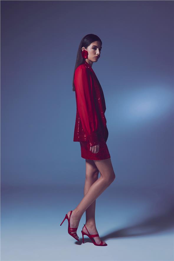 Şifon Kollu Payet Ceket - Kırmızı