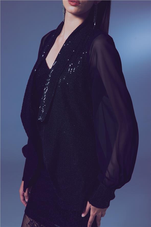 Şifon Kollu Payet Ceket - Siyah