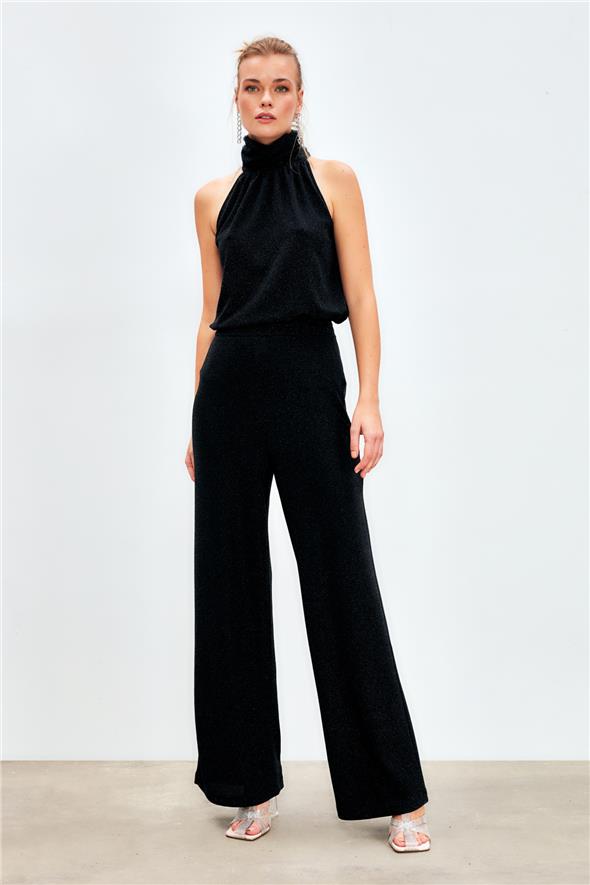 Simli Bol Paça Pantolon - Siyah