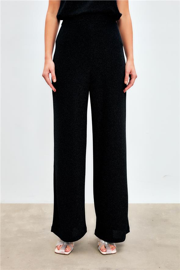 Simli Bol Paça Pantolon - Siyah