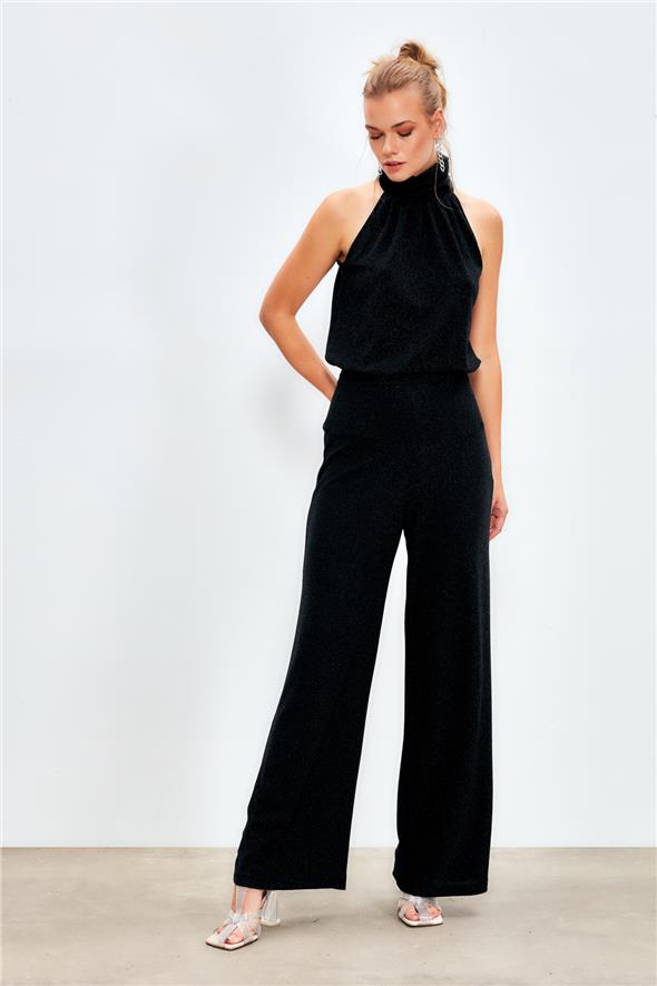 Simli Bol Paça Pantolon - Siyah