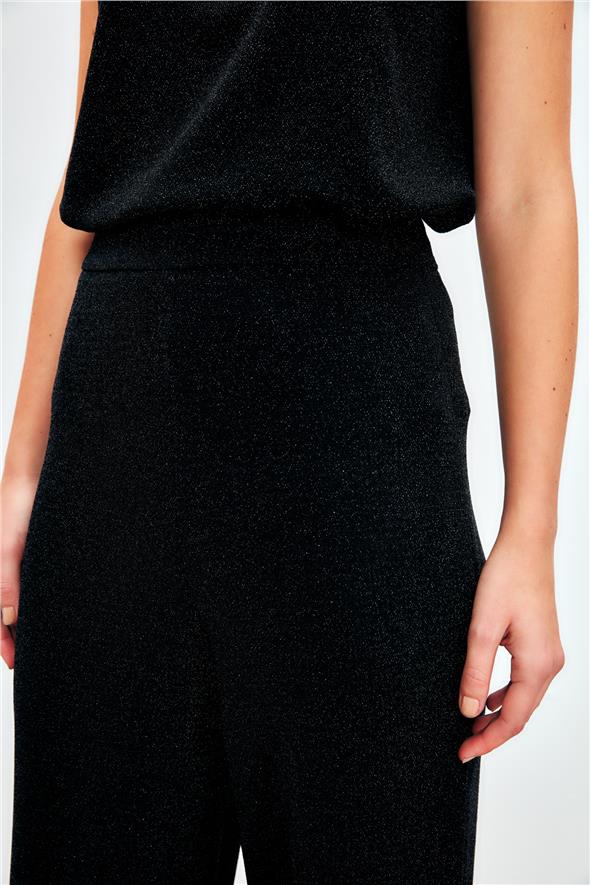 Simli Bol Paça Pantolon - Siyah