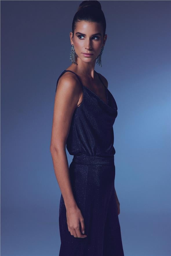 Simli Degaje Yaka Bluz - Lacivert