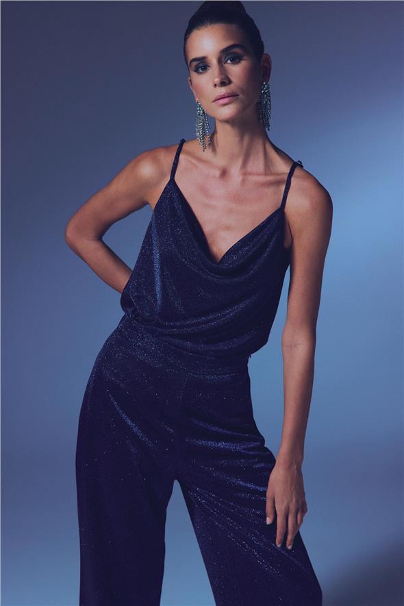 Simli Degaje Yaka Bluz - Lacivert