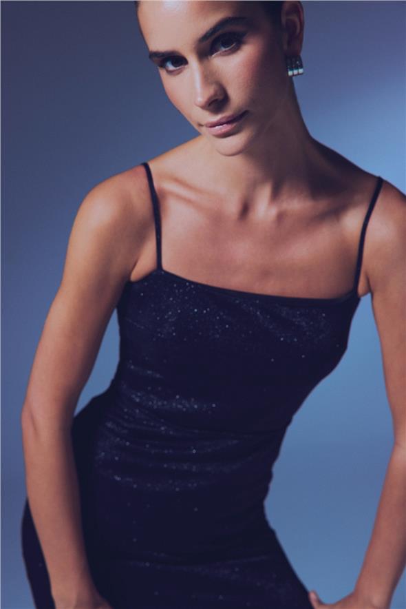 Simli İp Askılı Bodysuit - Siyah