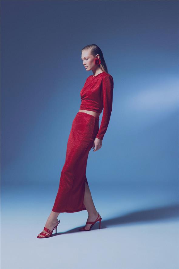 Simli Midi Etek - Kırmızı