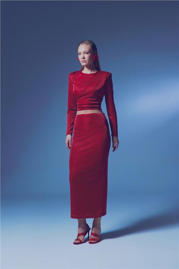 Simli Midi Etek - Kırmızı