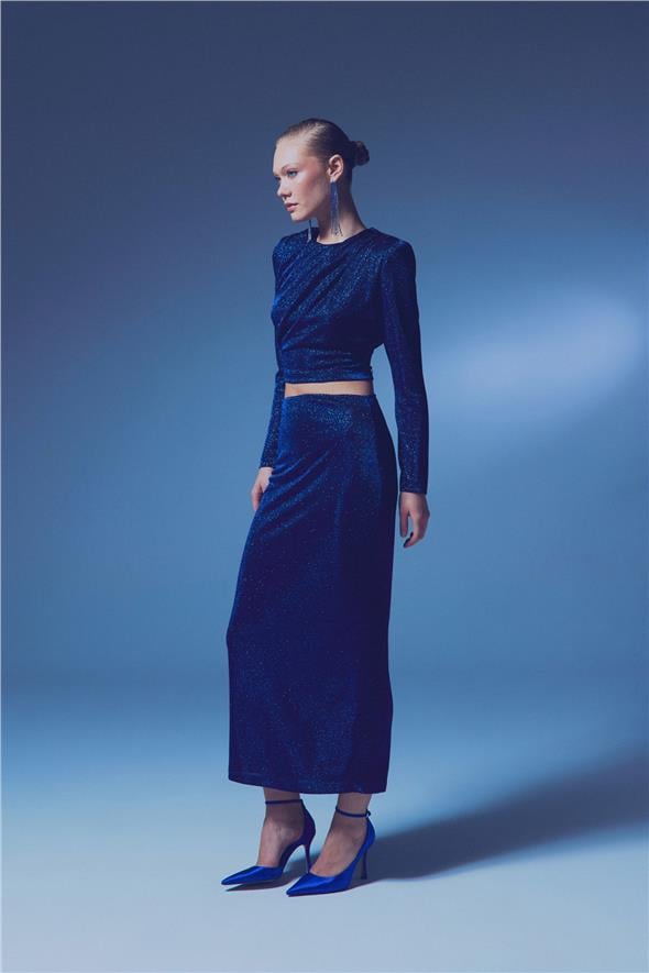 Simli Midi Etek - Sax Mavi