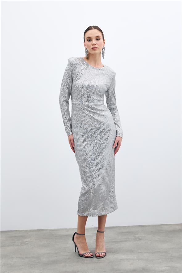 Sırt Dekolteli Payet Elbise - Gümüş