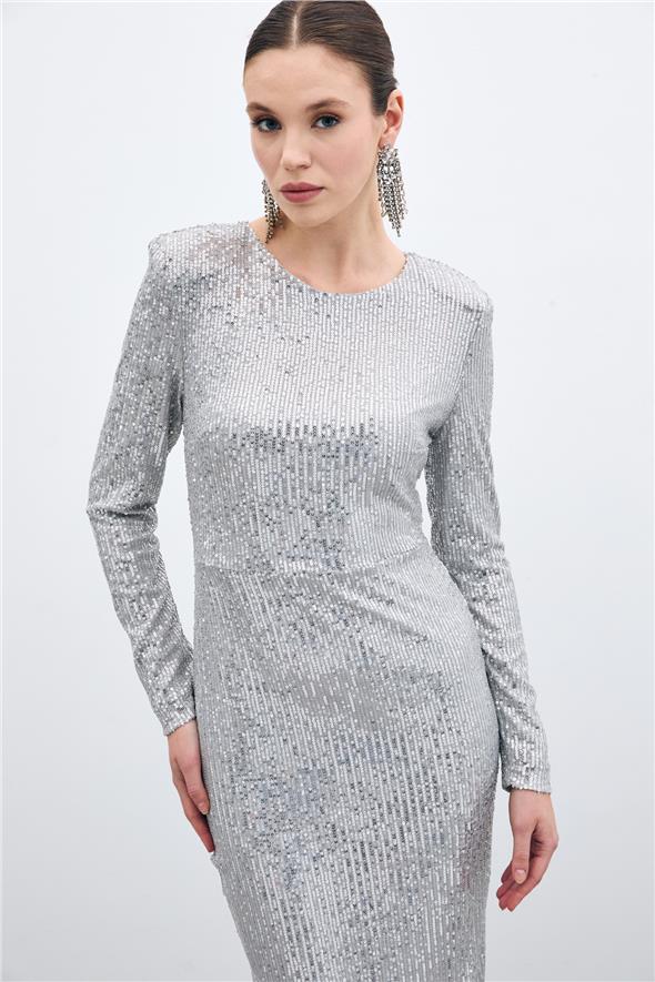 Sırt Dekolteli Payet Elbise - Gümüş