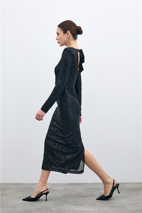 Sırt Dekolteli Payet Elbise - Siyah