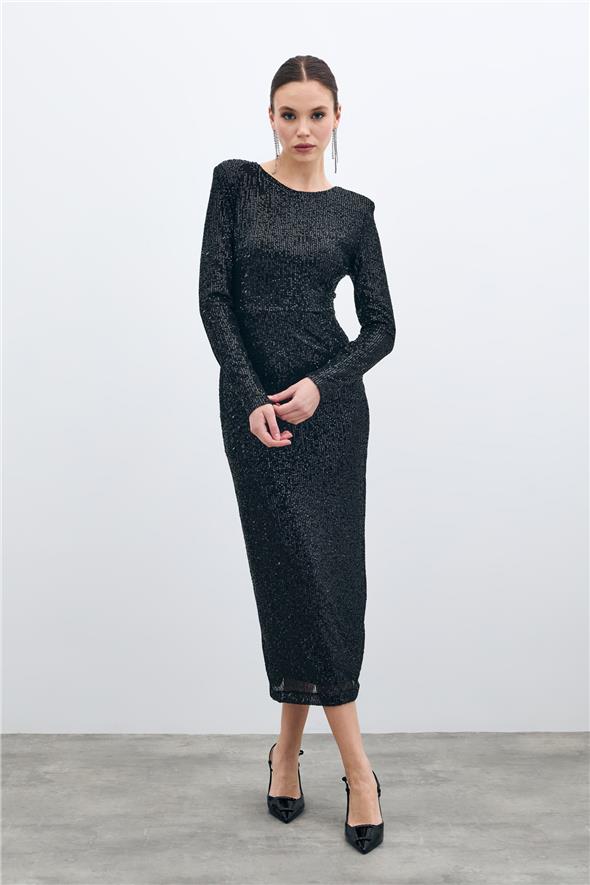 Sırt Dekolteli Payet Elbise - Siyah