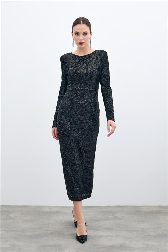Sırt Dekolteli Payet Elbise - Siyah
