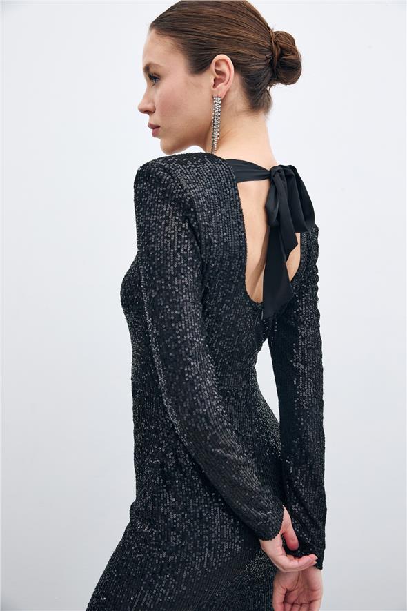 Sırt Dekolteli Payet Elbise - Siyah
