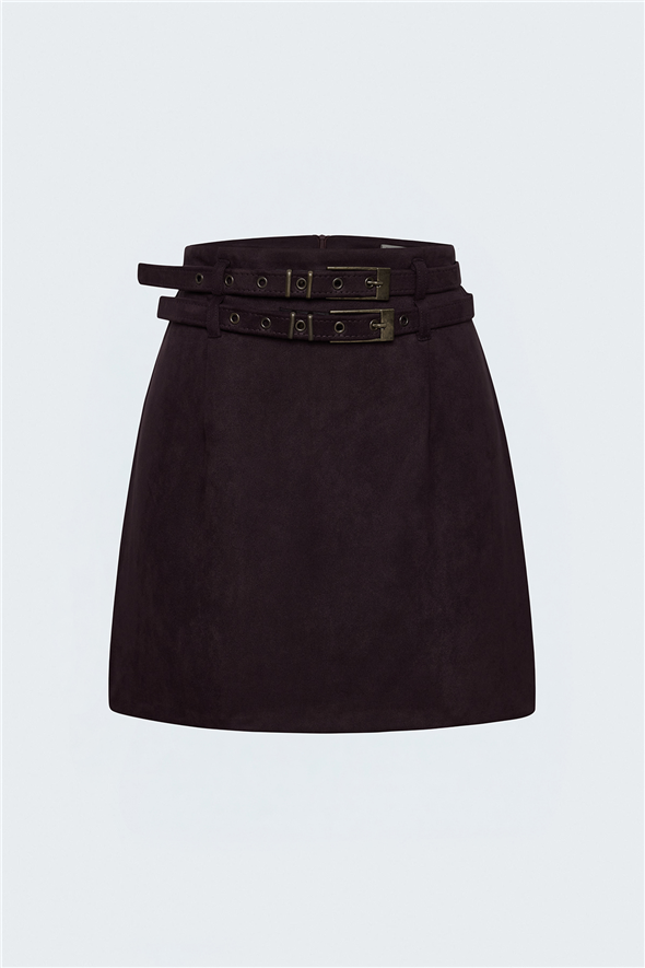 Süet Çift Kemerli Mini Etek - Bordo