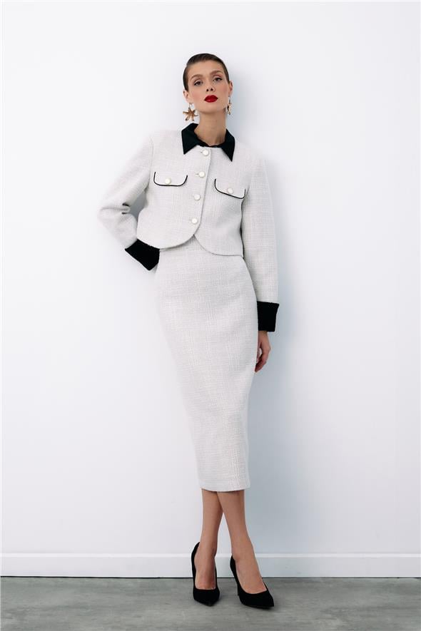 Süs Düğmeli Tüvit Kalem Etek - Taş