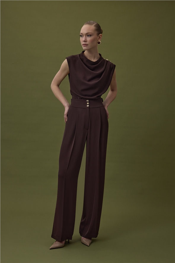 Talia Düğme Detaylı Pantolon - Kahve